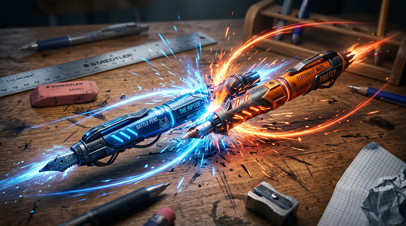 Battle Pens tabletop clash on classroom maths desk